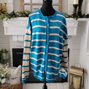 Free People Blue Classic Stripe Oversized Relaxed Transitional Cardigan Small